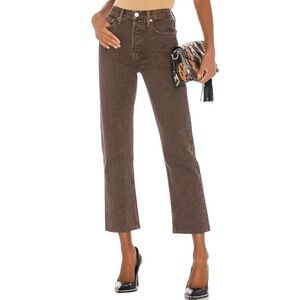 RE/DONE High Rise Stove Pipe Straight Leg
Jeans in Washed Chocolate Raw Hems